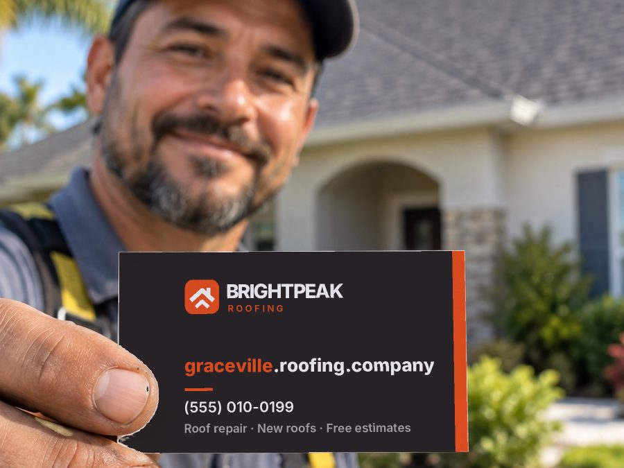 graceville.roofing.company on a roofer's business card