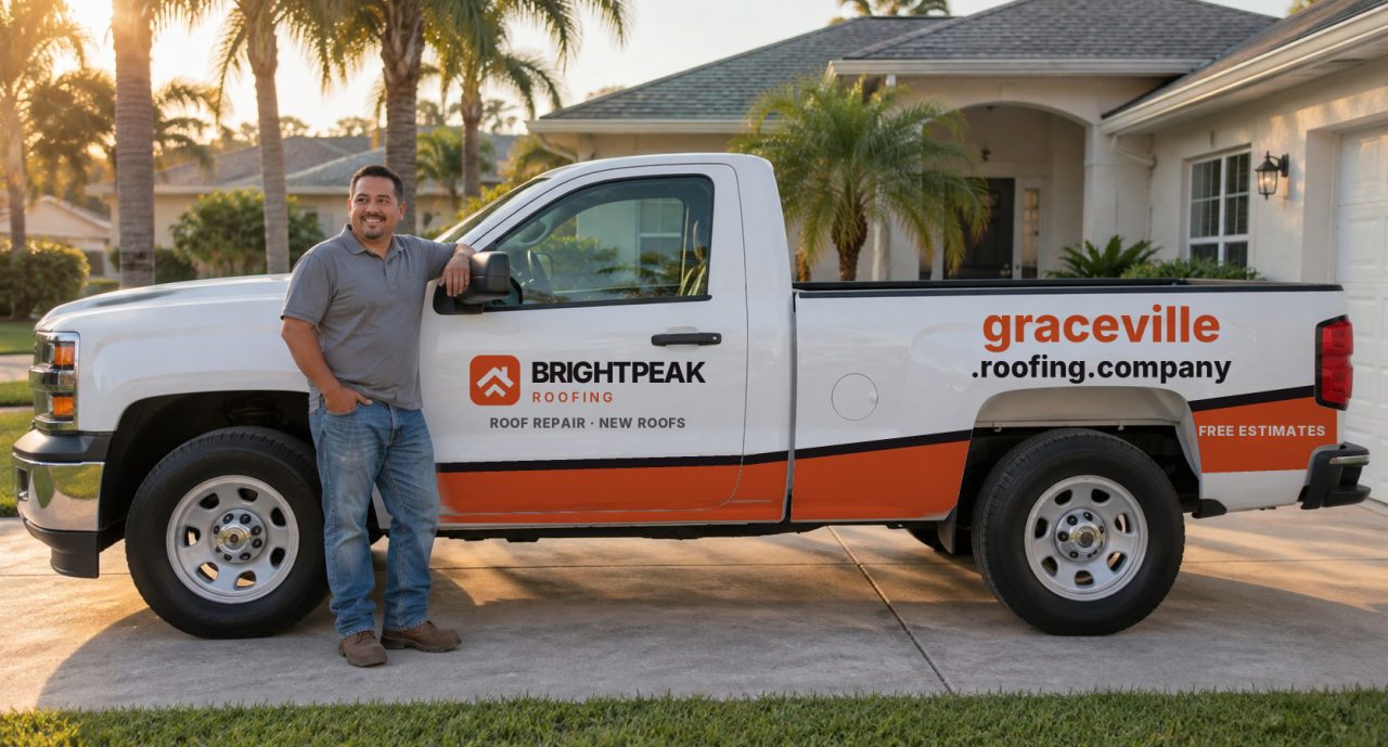graceville.roofing.company painted on the side of a white work truck
