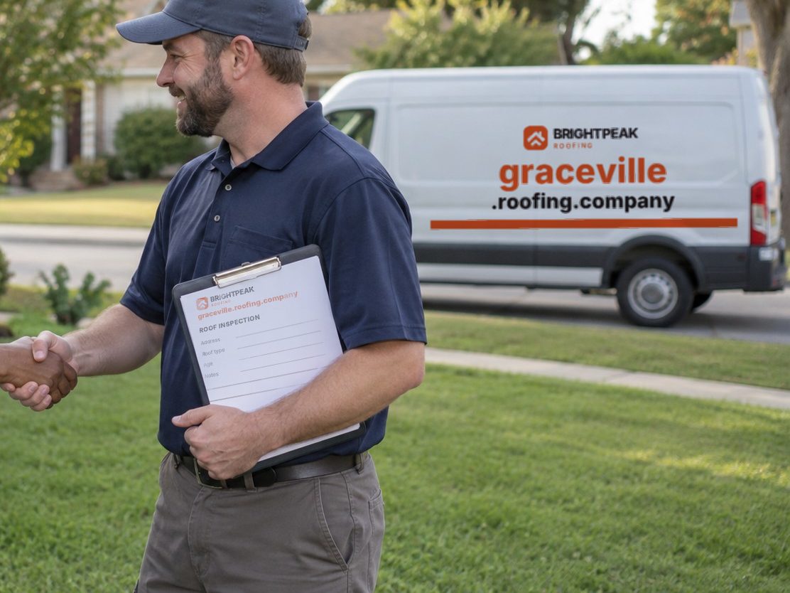graceville.roofing.company on a roofing van and an inspection form